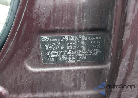 2006 Hyundai Sonata Gls V6/Lx V6 из США, поврежденный, VIN 5NPEU46F26H138356